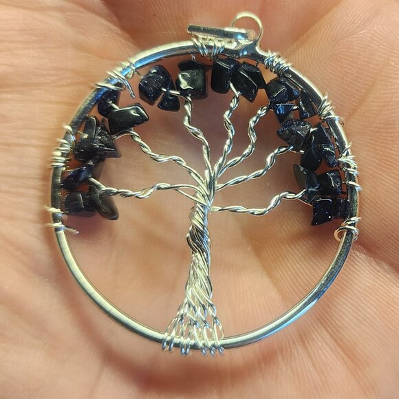 silevr tone wire and genuine gemstone Tree of Life Pendant - 1.5 inch Diameter - Picture 1 of 3
